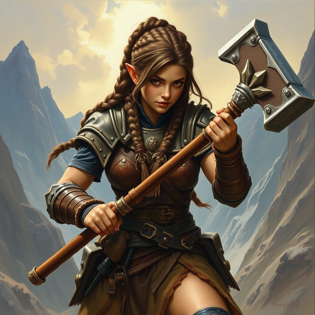 Dwarf Warrior Woman with Warhammer, Frazetta Style