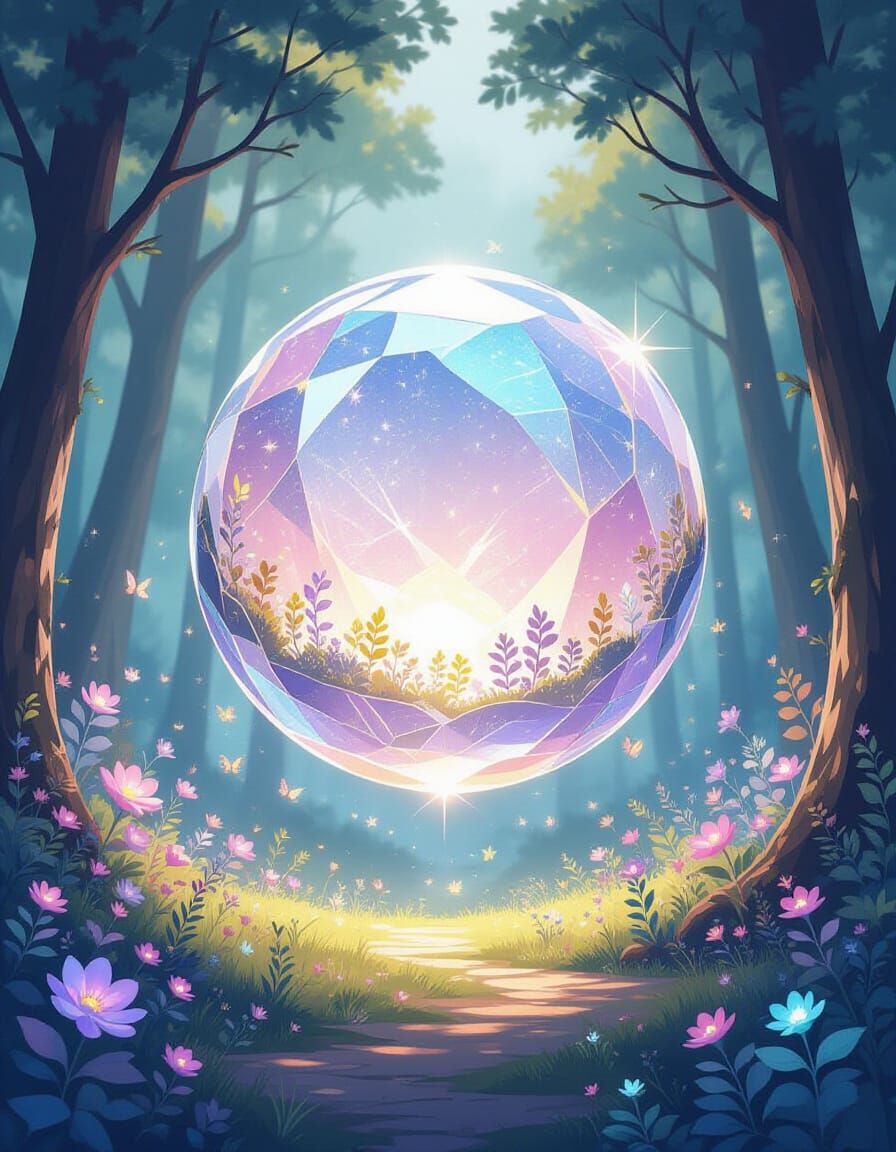 Colossal Gemstone Sphere Over Mystical Forest