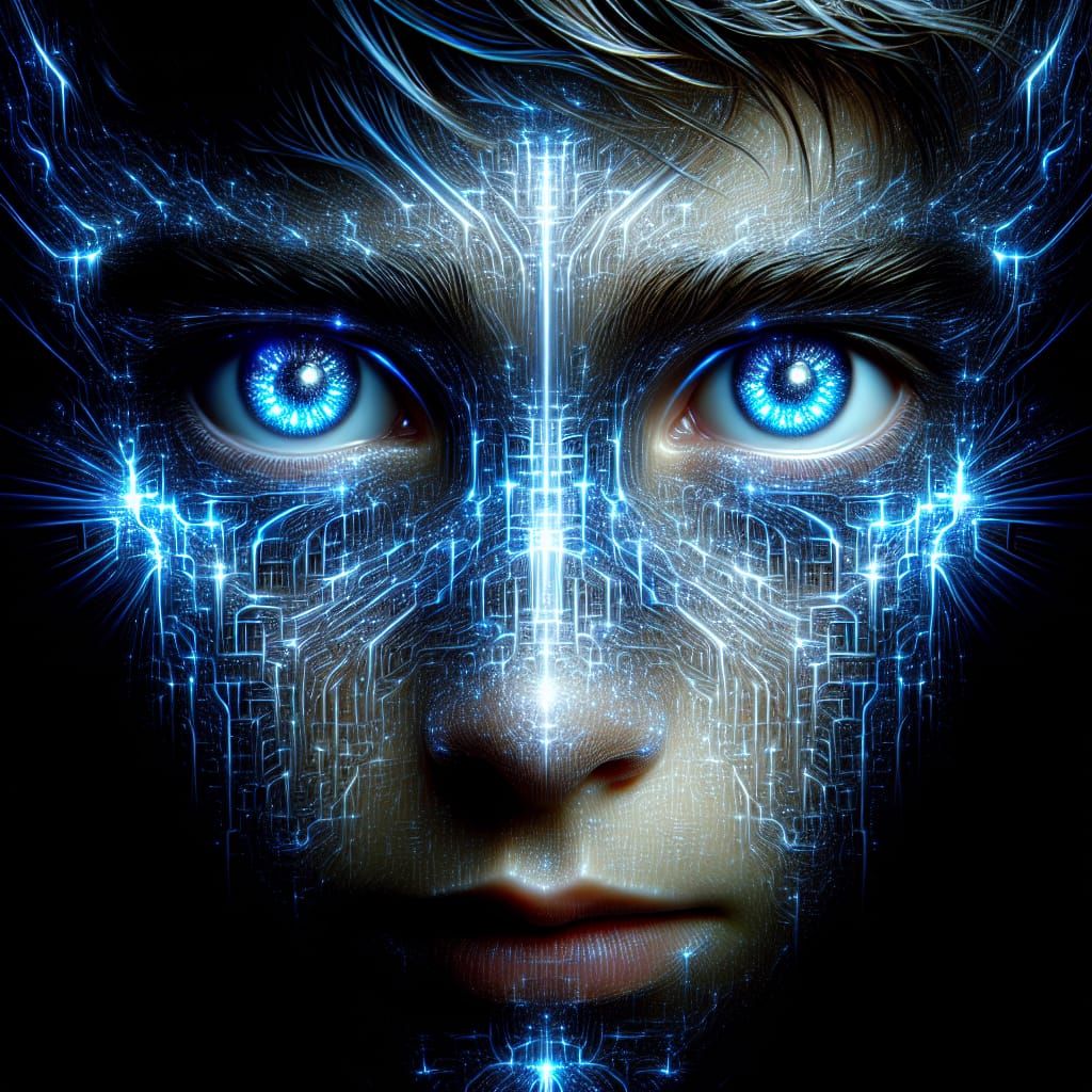 Boy's Face Transformed into Blue Light Circuitry