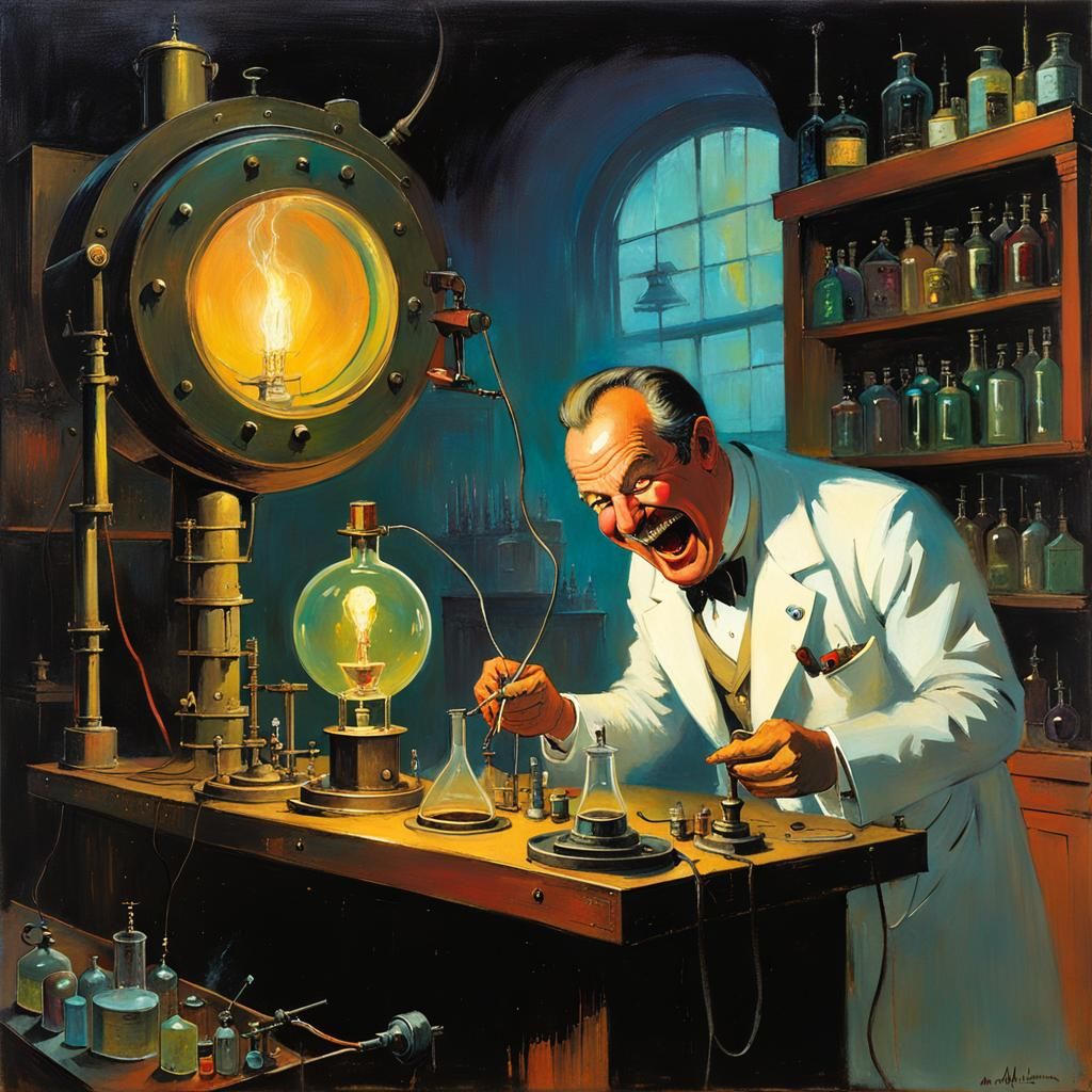 Sinister Mad Scientist Laughing Maniacally in Laboratory