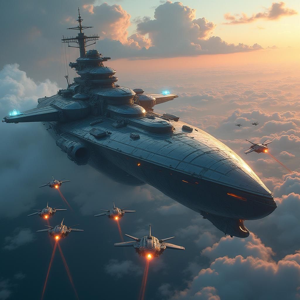 Colossal Warship with Fighter Jets: Matte Painting