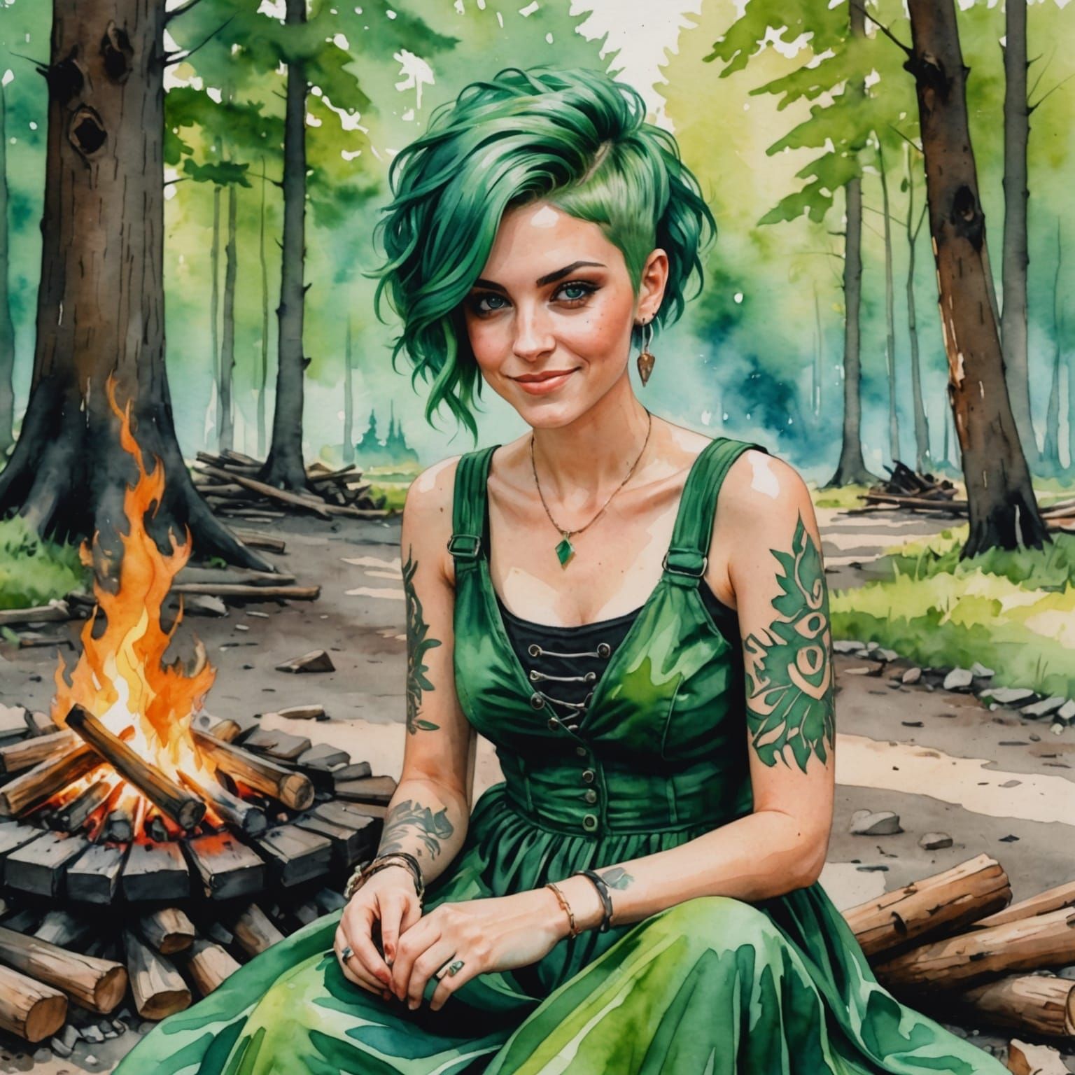 Green-Haired Woman Camping in Watercolor Woods