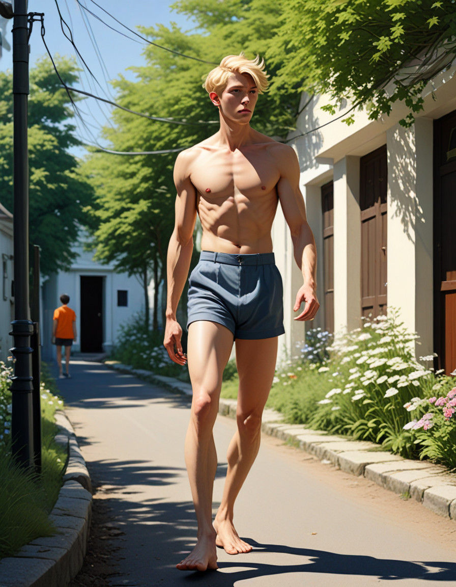 Sleek, Shirtless Male Strolls in the Sun with Toned Physique