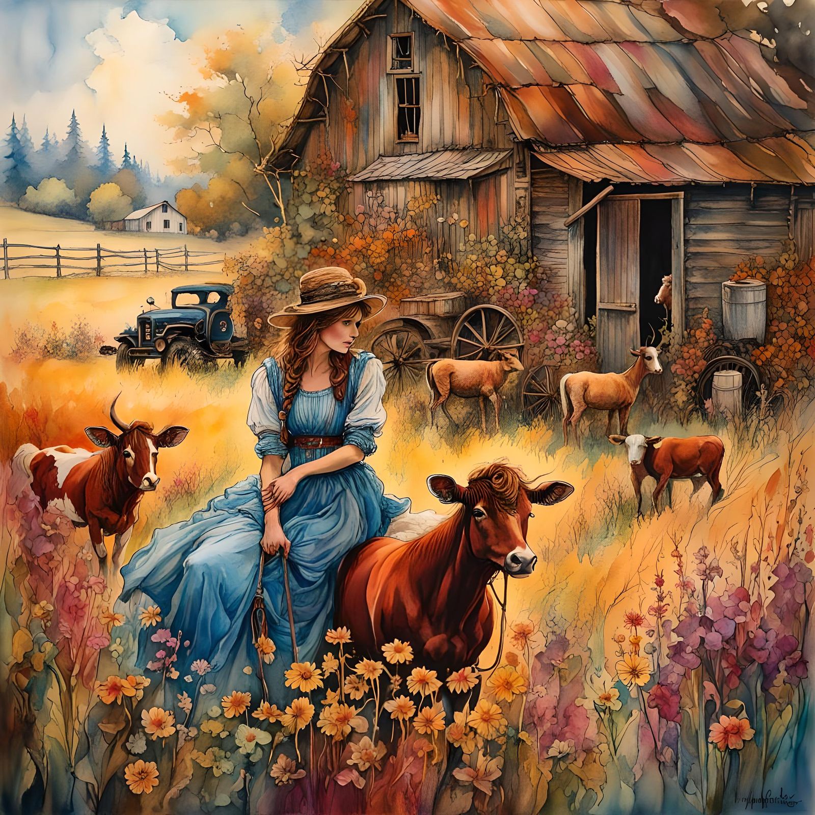 Rustic Barnyard Scene in Watercolor Style