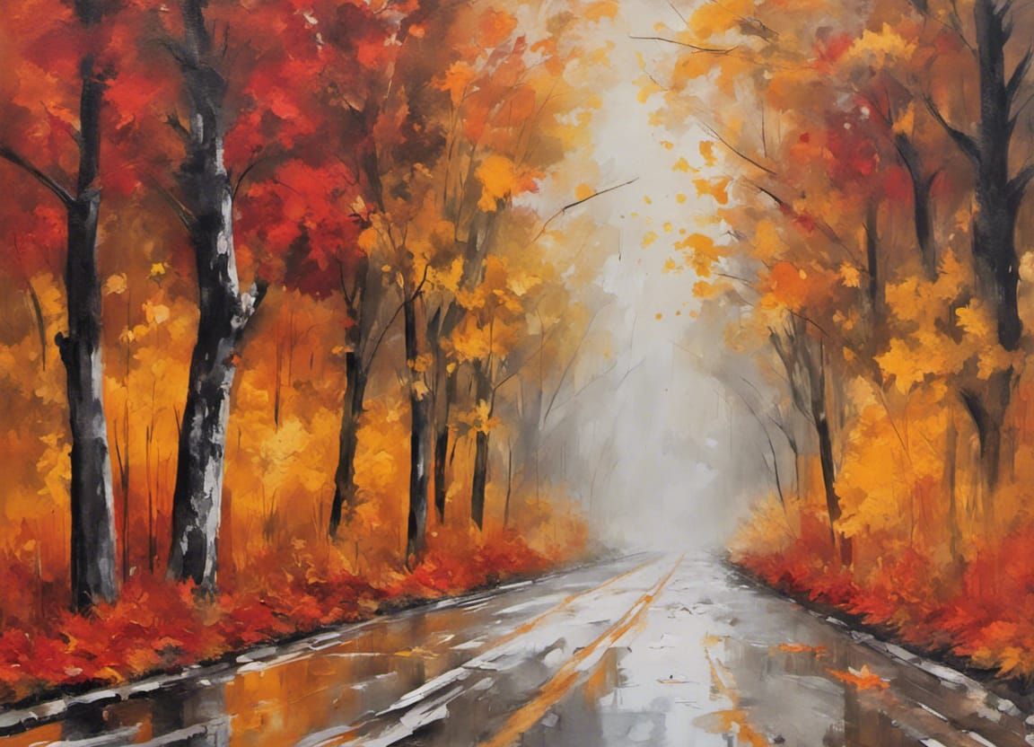 Autumn Road in the Rain: Graffiti Art Style
