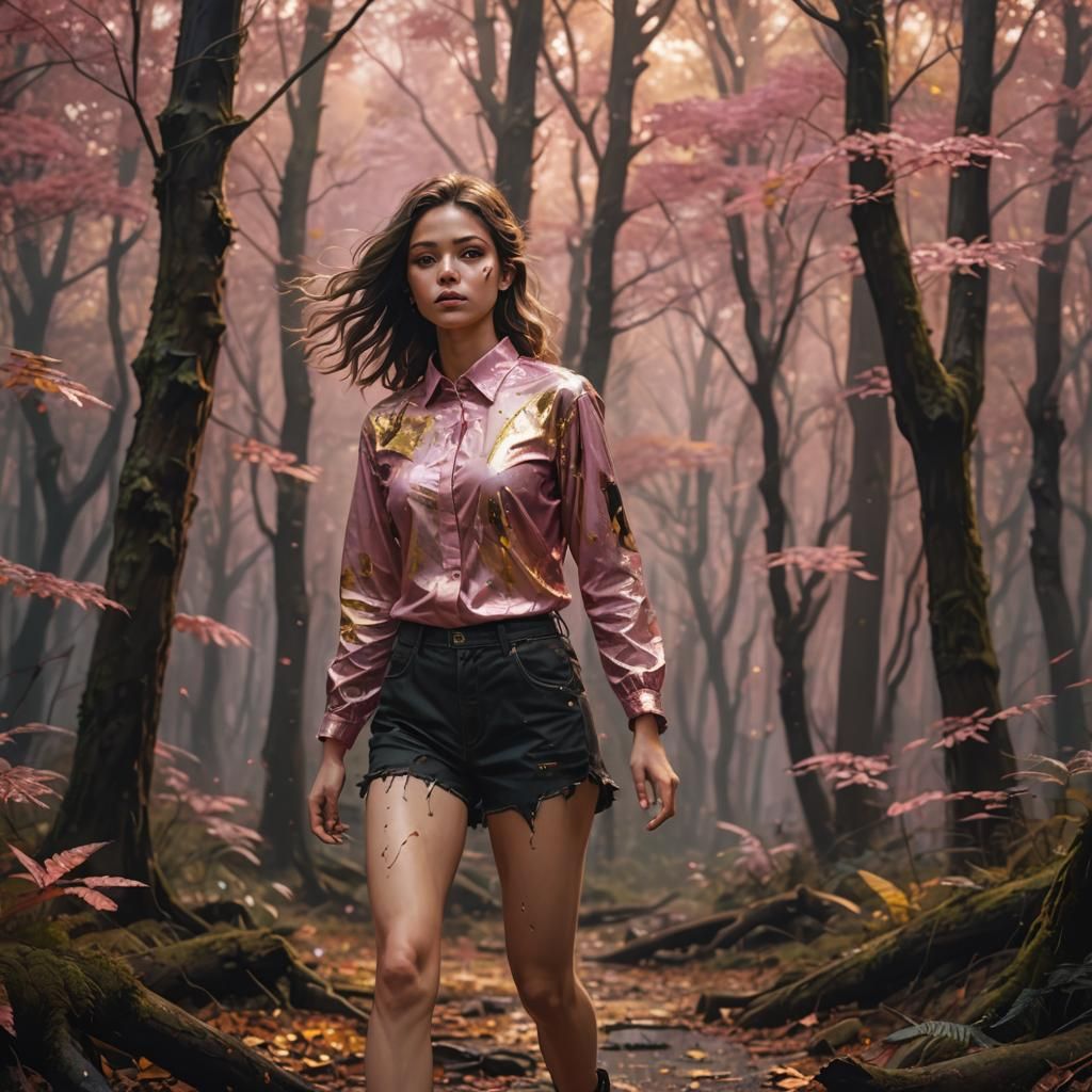 Beautiful Woman Walks in Dark Forest: Hyperrealistic Art