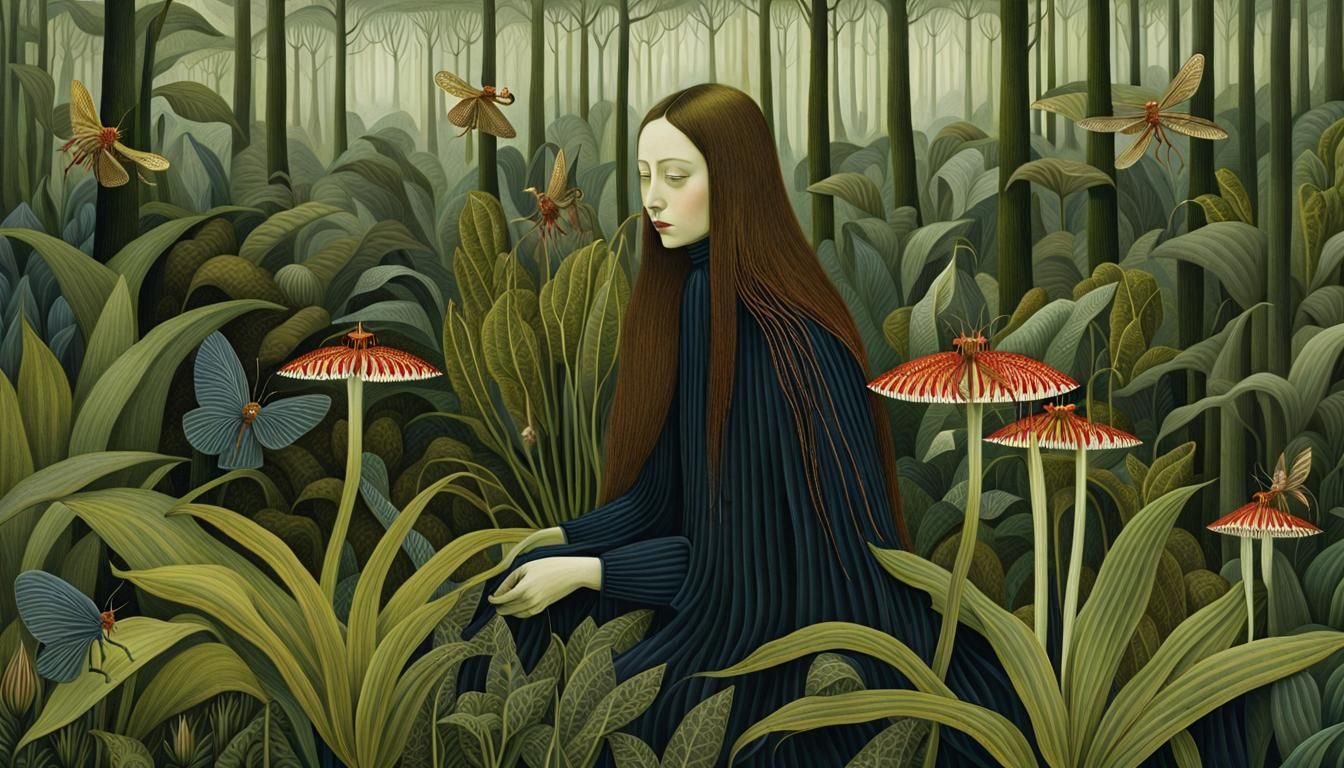 Surreal Collage of Woman and Fly Magnet Orchid