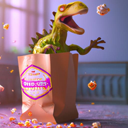 Dinosaur in Popcorn Bag: Detailed Matte Painting