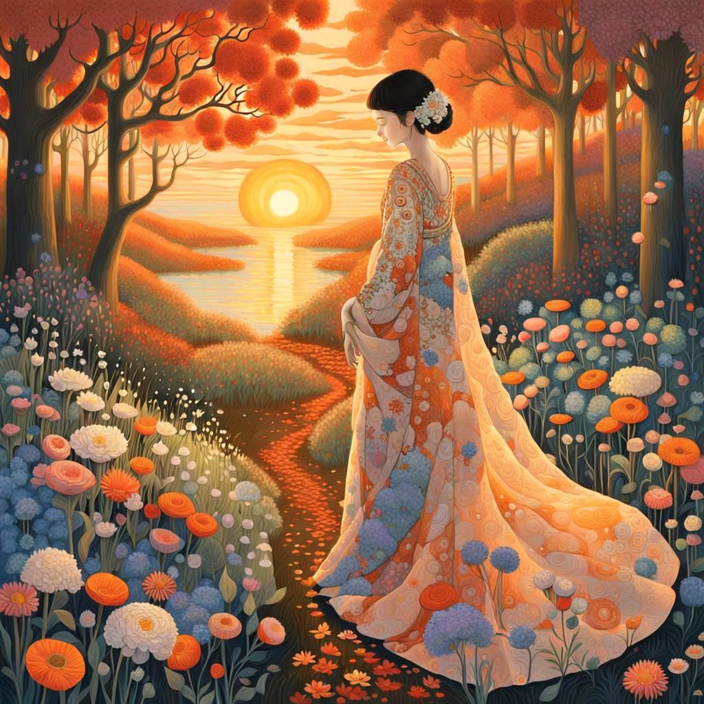 Sunset Woman in Enchanted Forest: A Surreal Artwork