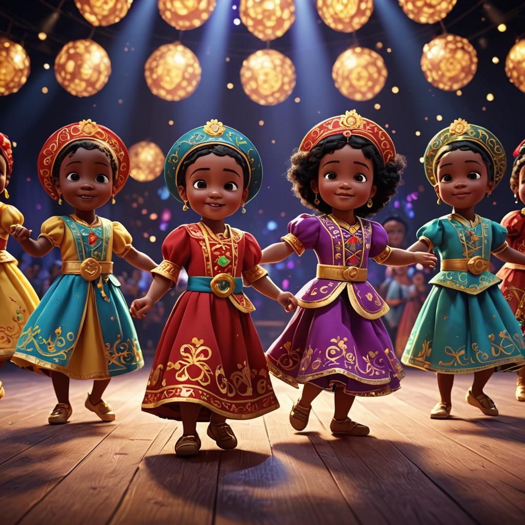 צילום אנימציה דמויות דיסני עיניים גדולות. 5 תינוקות אירופאיים וכושיים
ואסייתיים. רוקדות בריקודים שונים לפי התרבות שלהם...