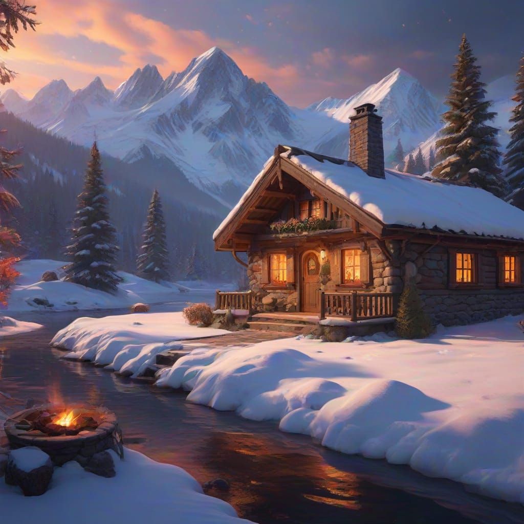 New Year's Landscape: Cozy Cottage Amidst Snowy Mountains