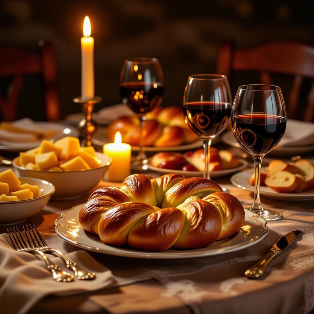 Shabbat Table with Honey Challah and Wine, Digital Painting