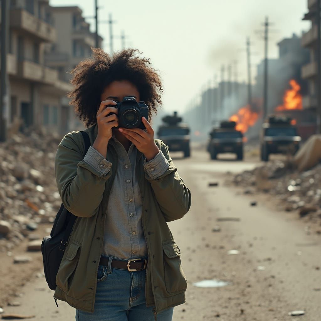 Woman with Camera on Rubble-Strewn Street