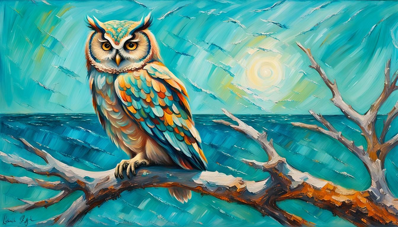 Owl Over Ocean: Impressionistic Oil Painting in Vivid Colors