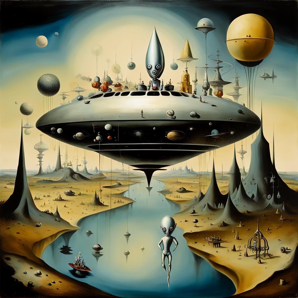Cosmic Alien Blonde At The Controls of a vintage spaceship over a fantastical galactic Hinterland Hieronymus Bosch Yves ...