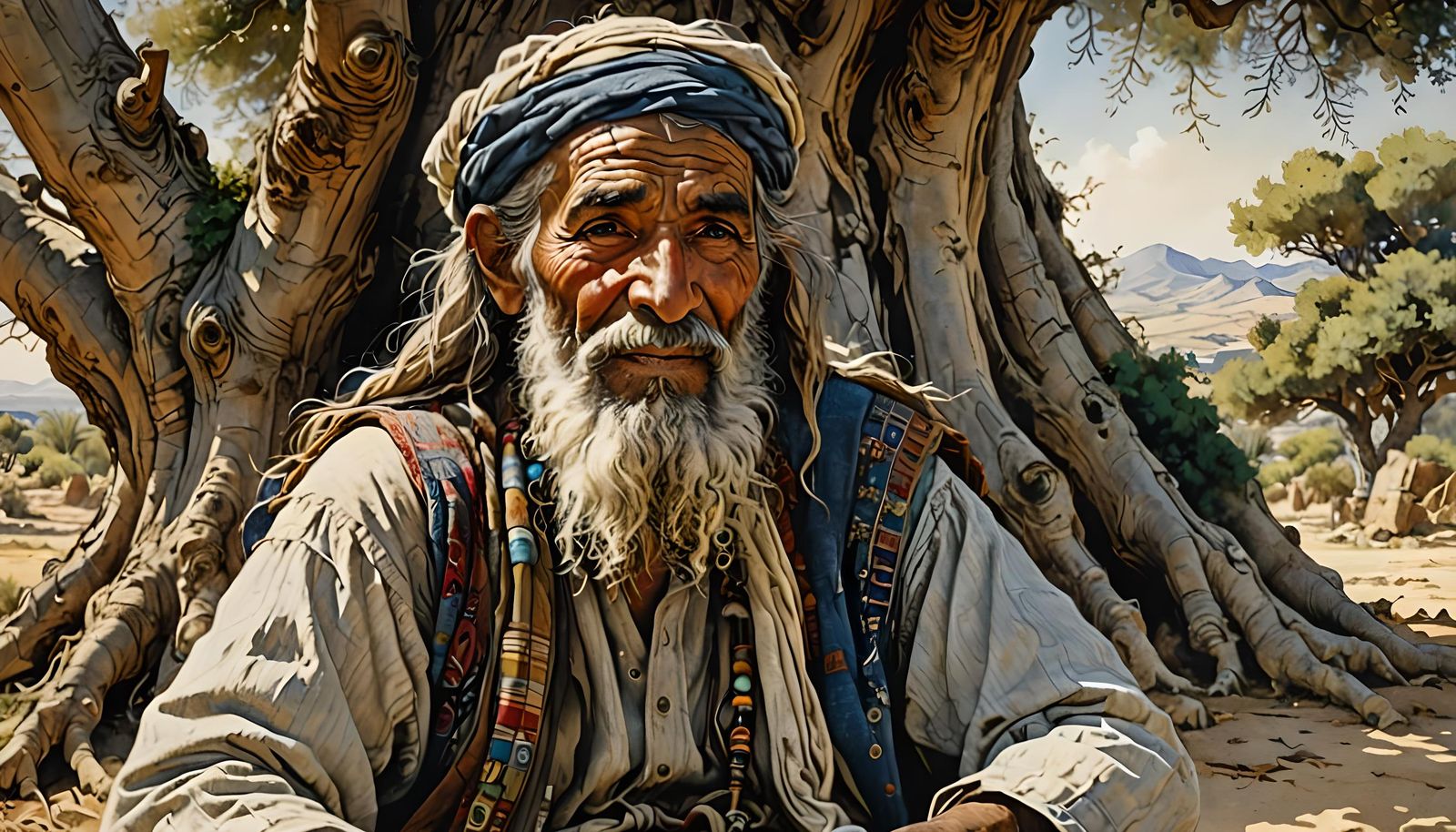 Happy Nomad Under Palm Tree in Arthur Rackham Style