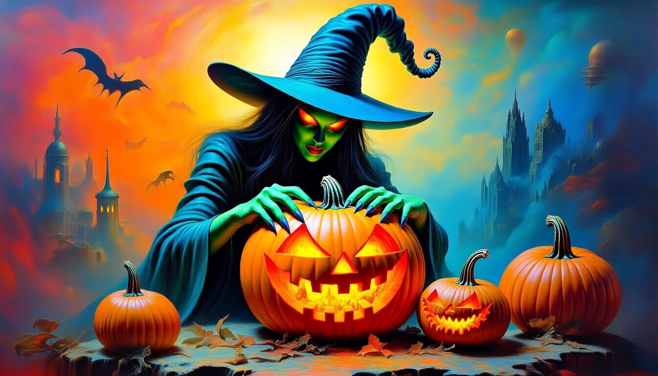 Wicked Witch Carving Pumpkins in Surreal Style