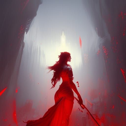 A Dark Fantasy Goddess Radiates Intense Red Energy