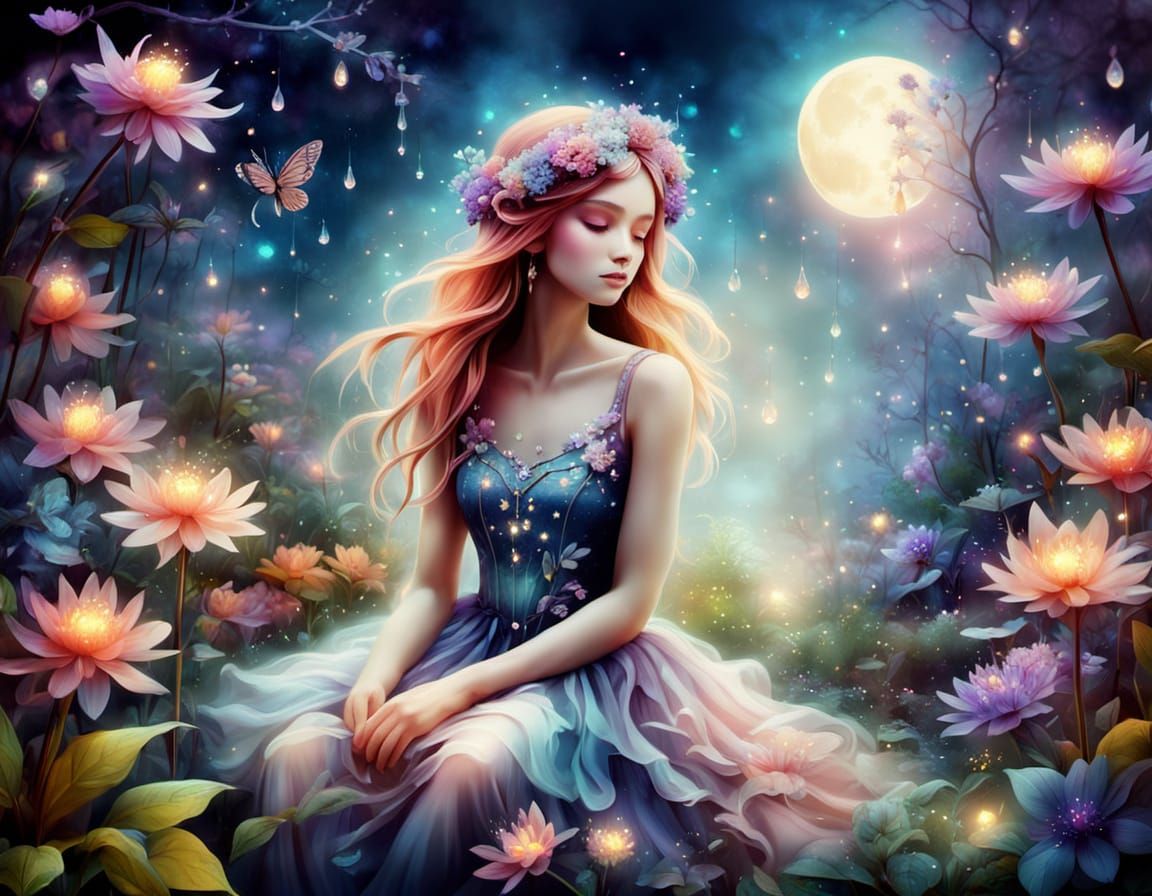 Magical Glowing Garden at Night in Surrealism Style