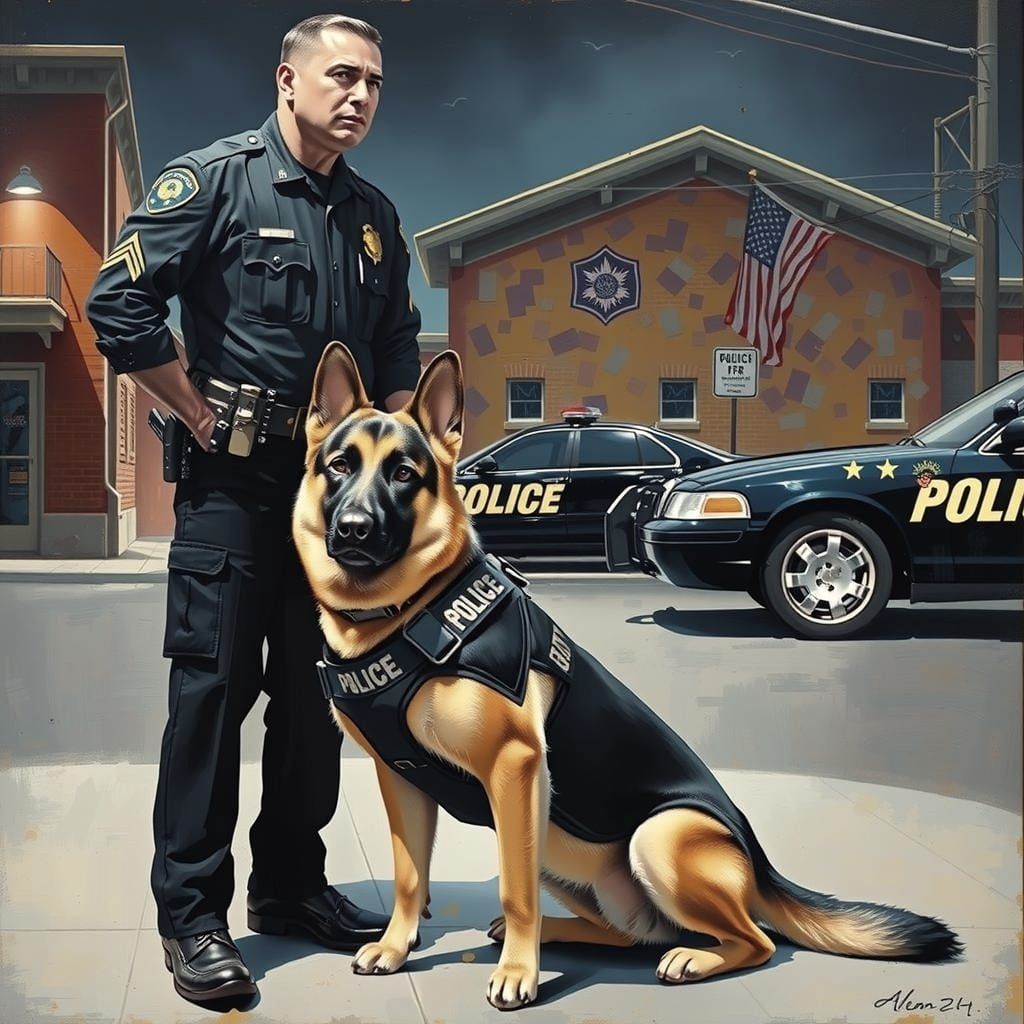 German Shepard Police Dog Portrait, Oil on Canvas