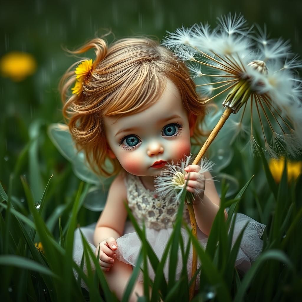 A hyperdetailed photorealistic 8k image of an incredibly tiny toddler girl fairy sitting in the grass during a light rai...