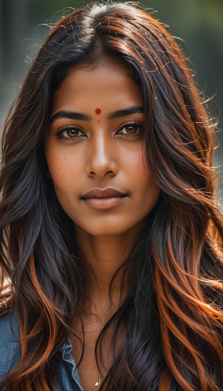 Photorealistic portrait of a confident, modern Indian woman, 25 years old. Her long, thick hair flows freely in the wind...
