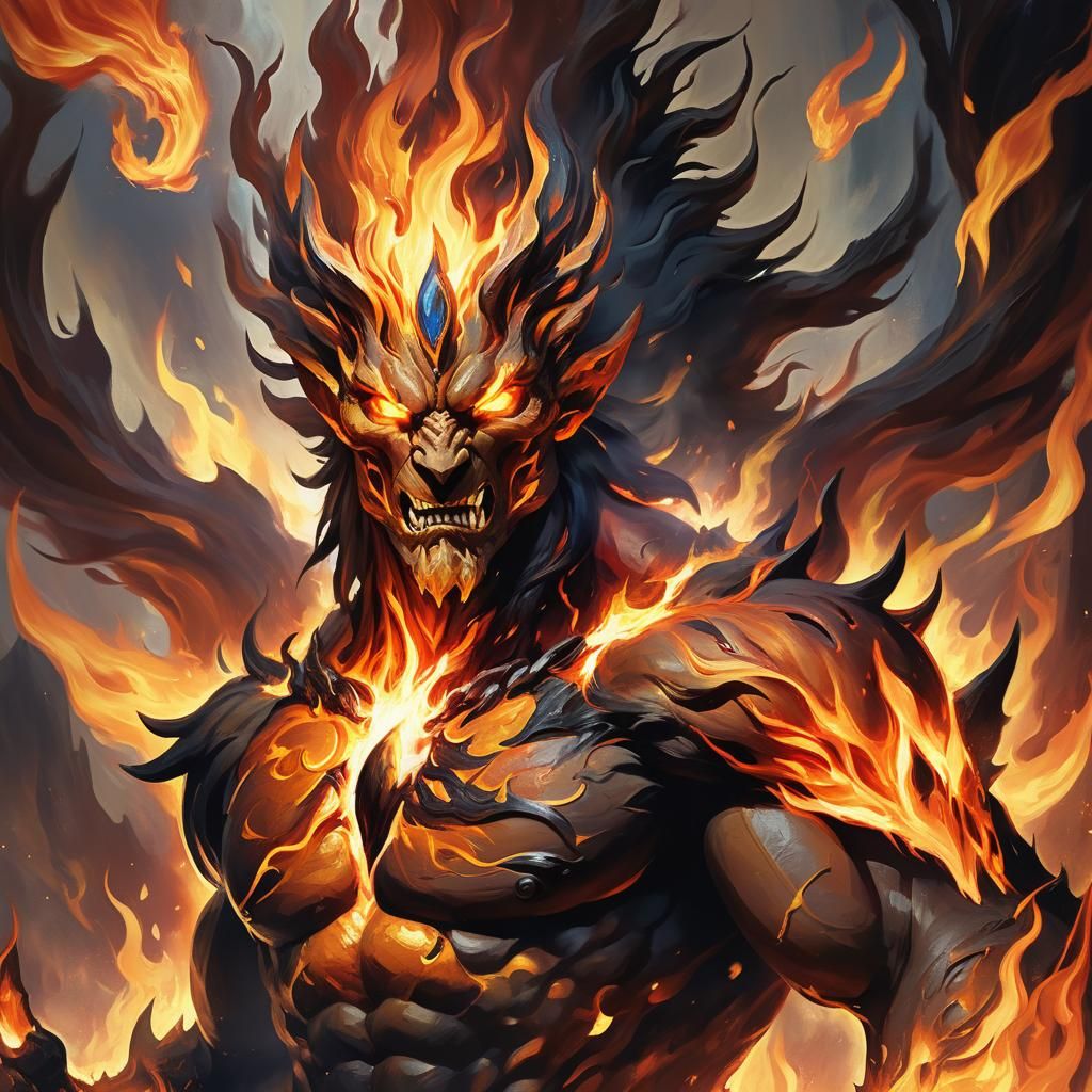 Ifrit Portrait in Flames: Epic Oil Painting