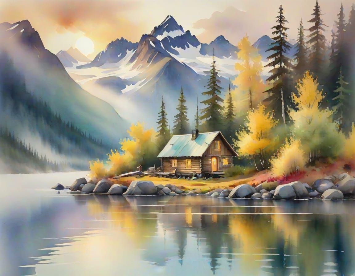 Alaskan Lake Cabin in Watercolor with Misty Atmosphere