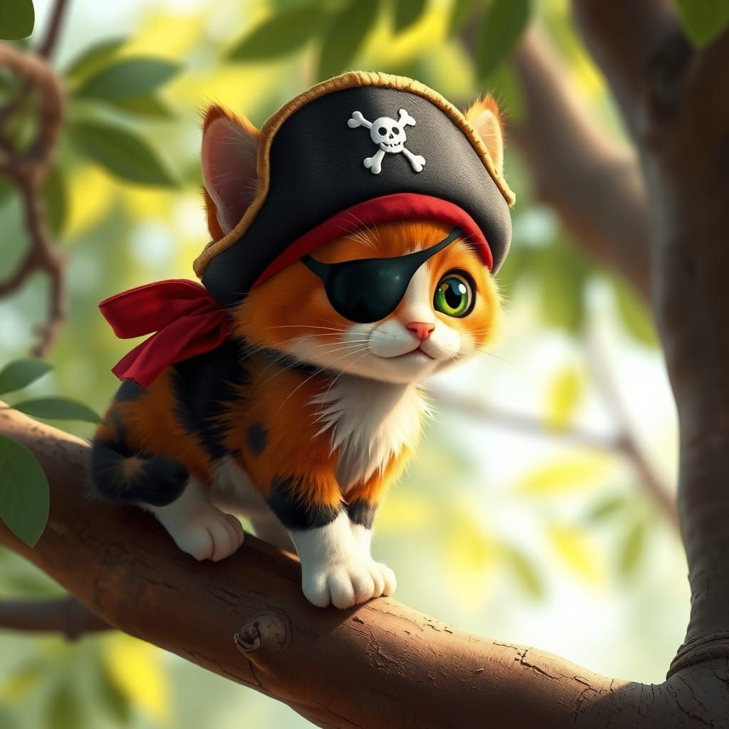 Playful Calico Pirate Kitten Searches for Treasure in Vibran...