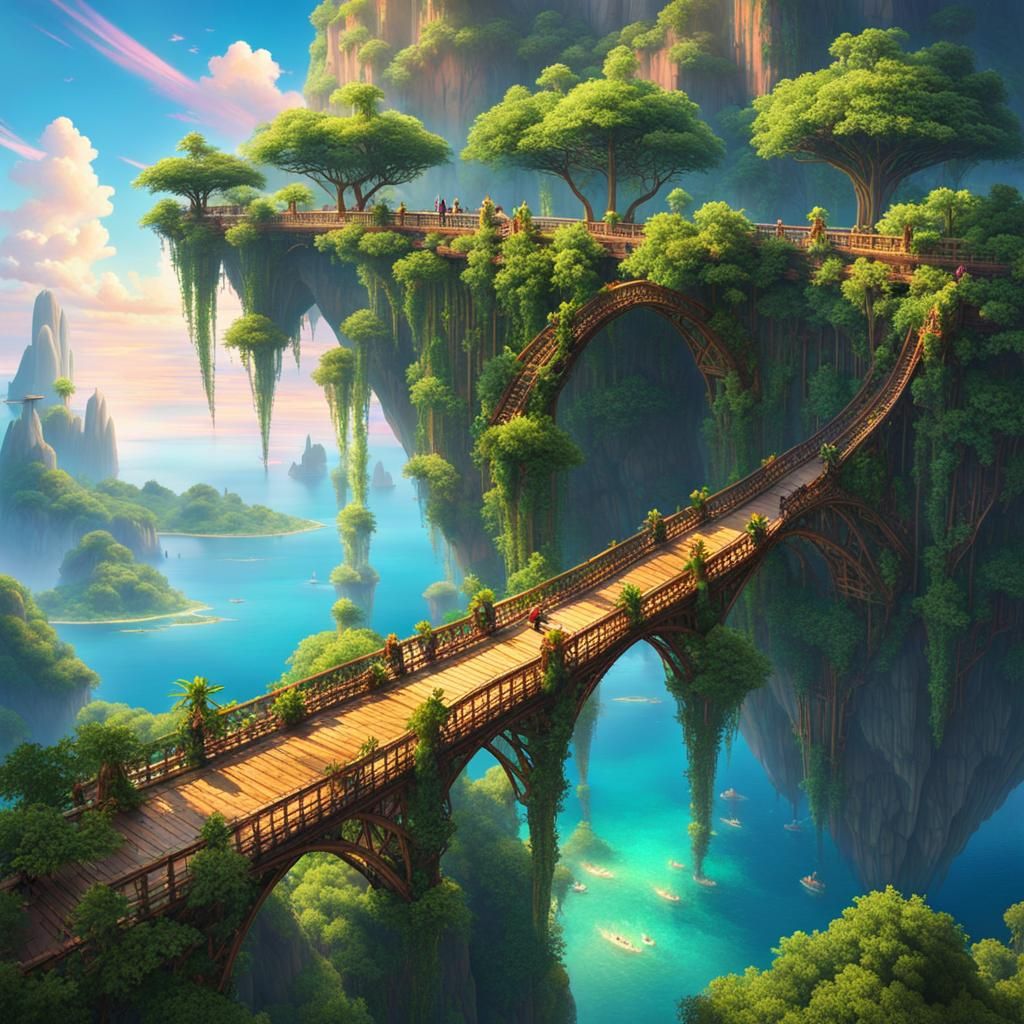 Celestial Floating Islands in Iridescent Sky