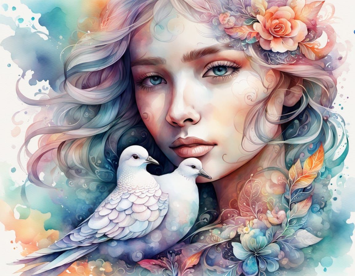 Woman Caressing Dove in Vibrant Watercolor Style