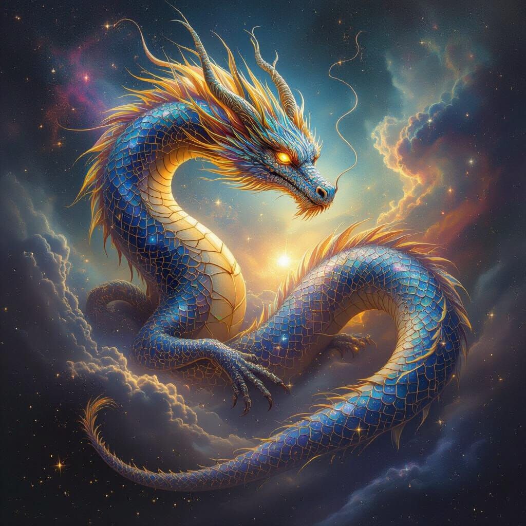 Celestial Dragon Coiled Around Nebula in Cosmic Surrealism