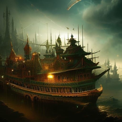 Mythical Ship Sailing on Clouds: Fantasy Art