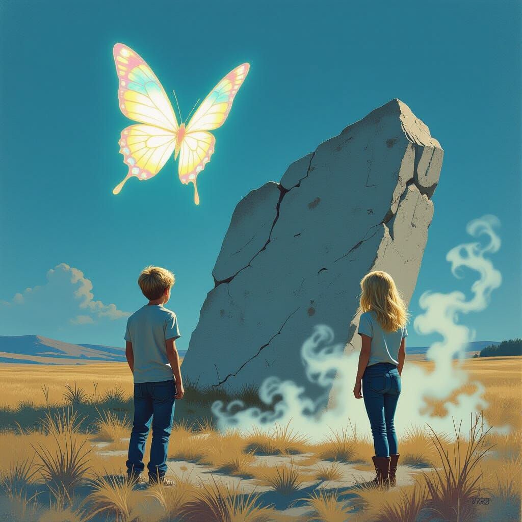 Children and Concrete Slab in Airbrush Style