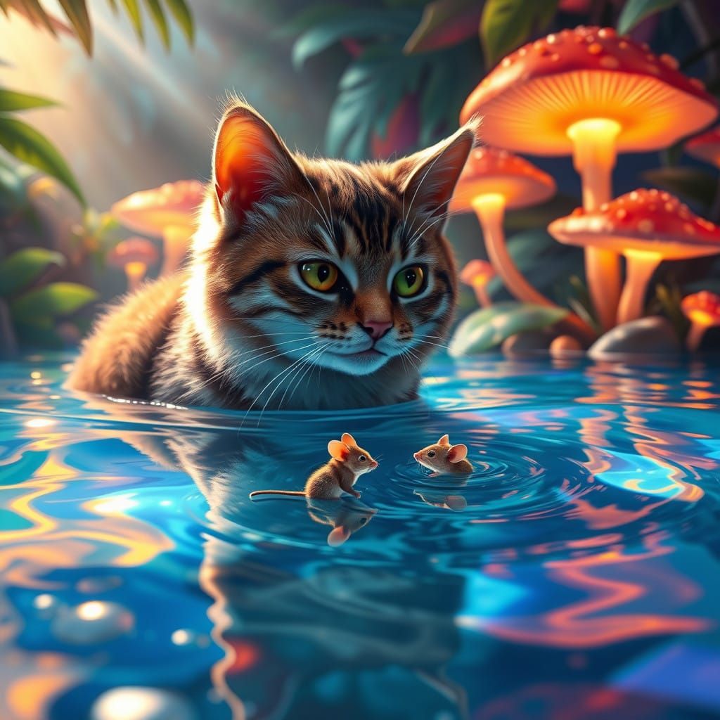 Whimsical Feline and Rodent in Tropical Oasis