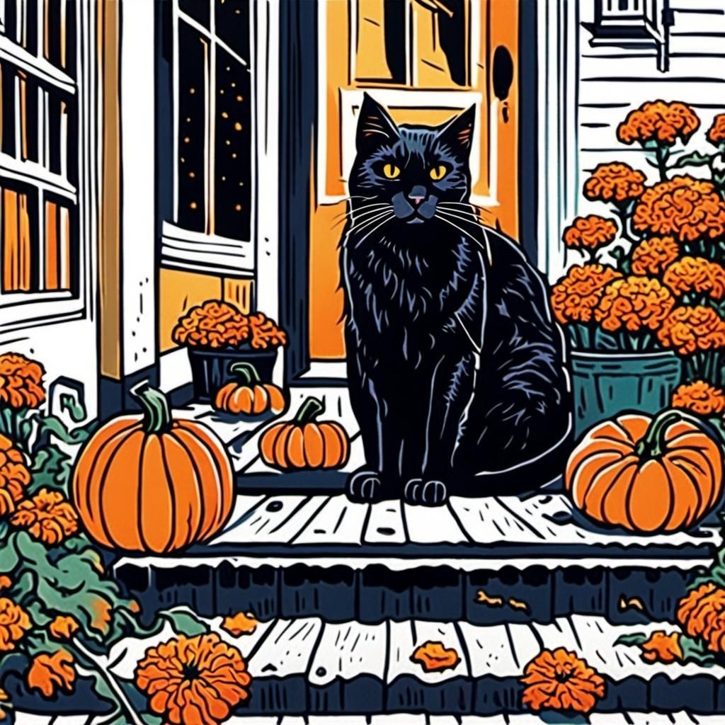 Black Cat Surrounded by Marigolds as Linocut Print