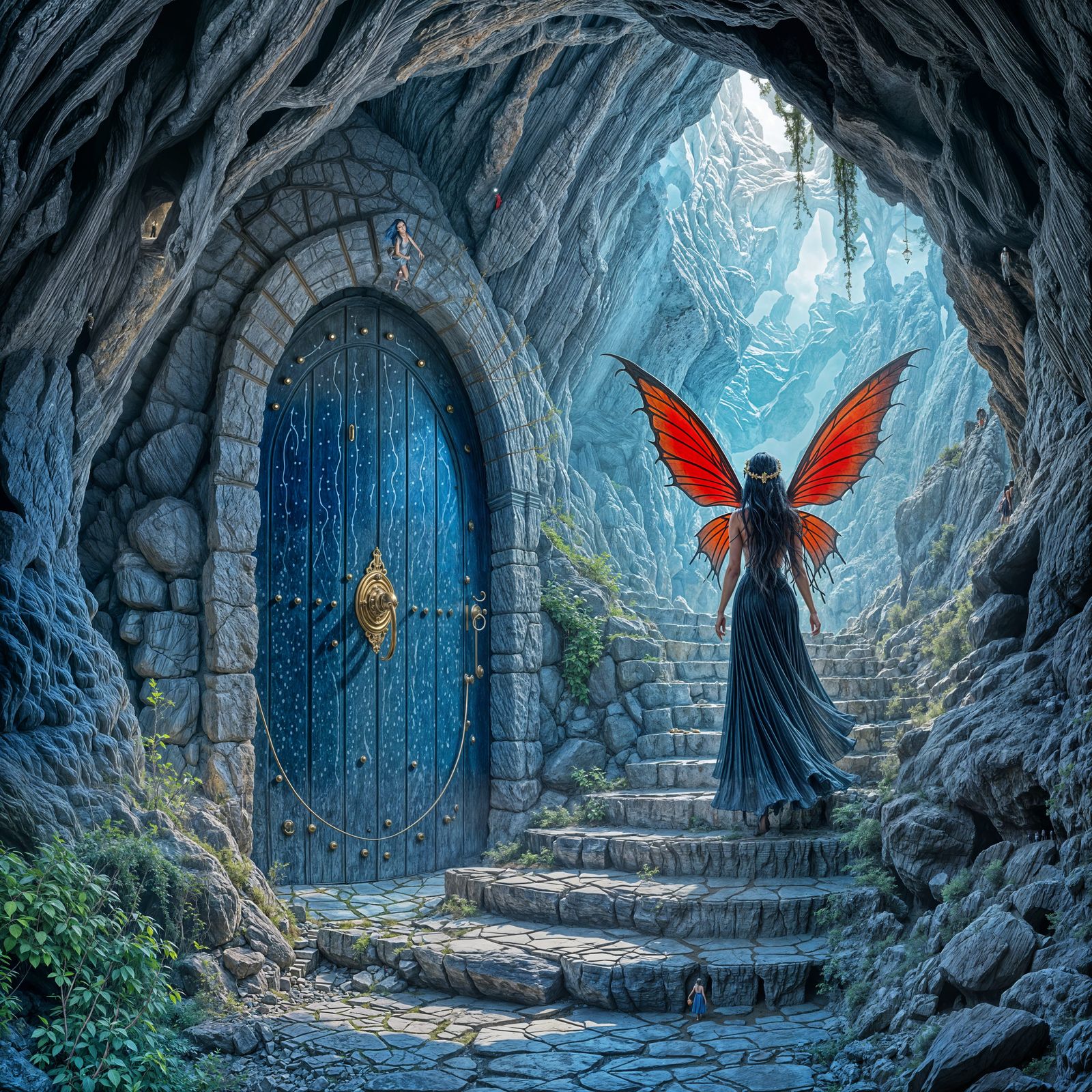 Enchanted Fairy Ascends Cave Staircase to Blue Door