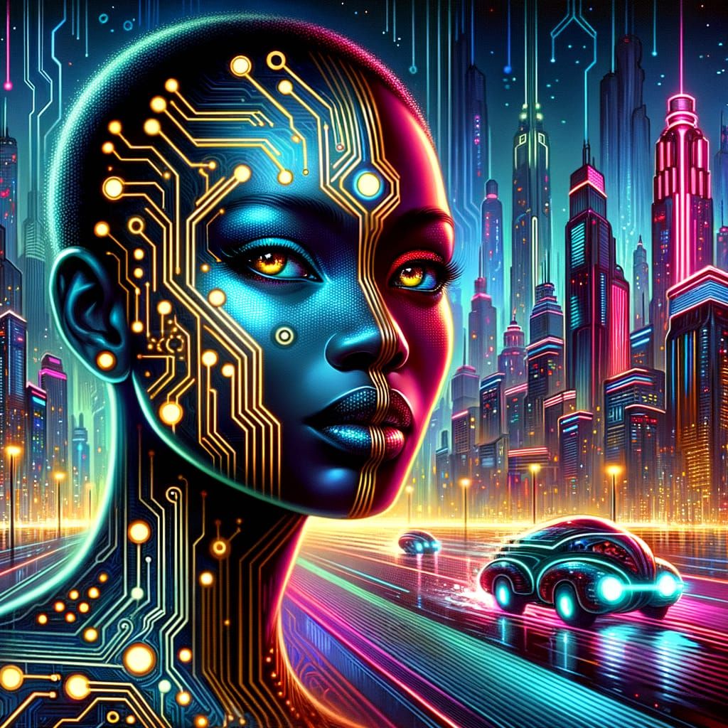 Futuristic African Woman Portrait with Glowing Circuits