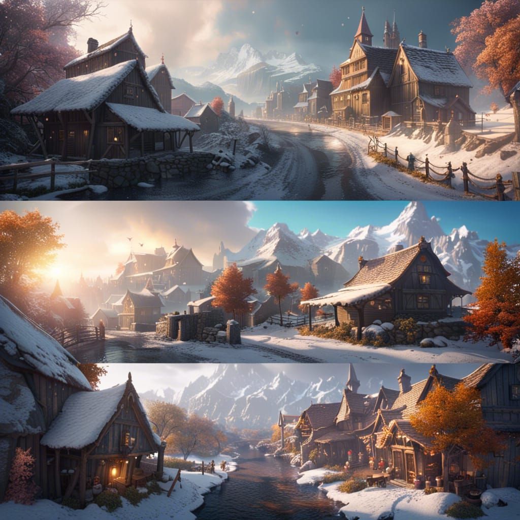 Snowy Villages, Cities, and Nature in Detailed Matte Paintin...