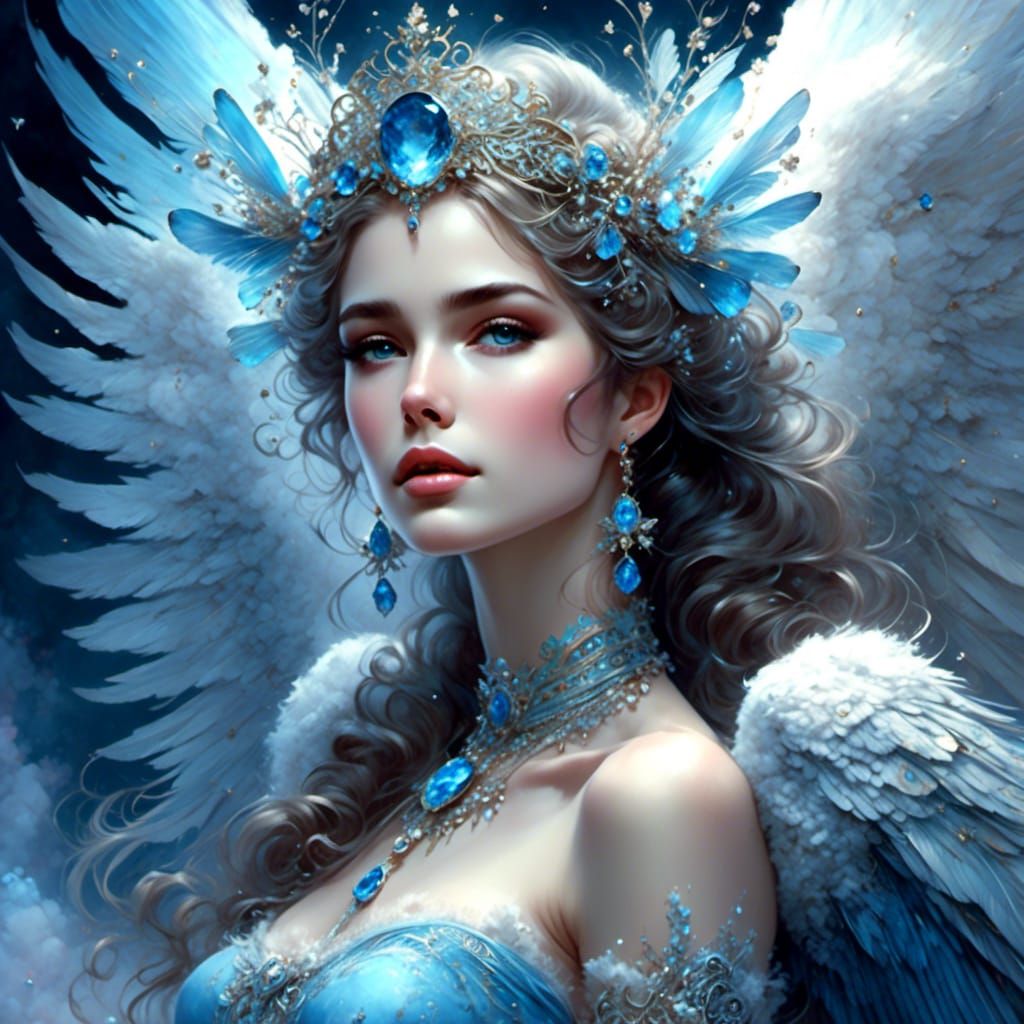 Blue Angel Portrait with Stunning Wings in Splash Art