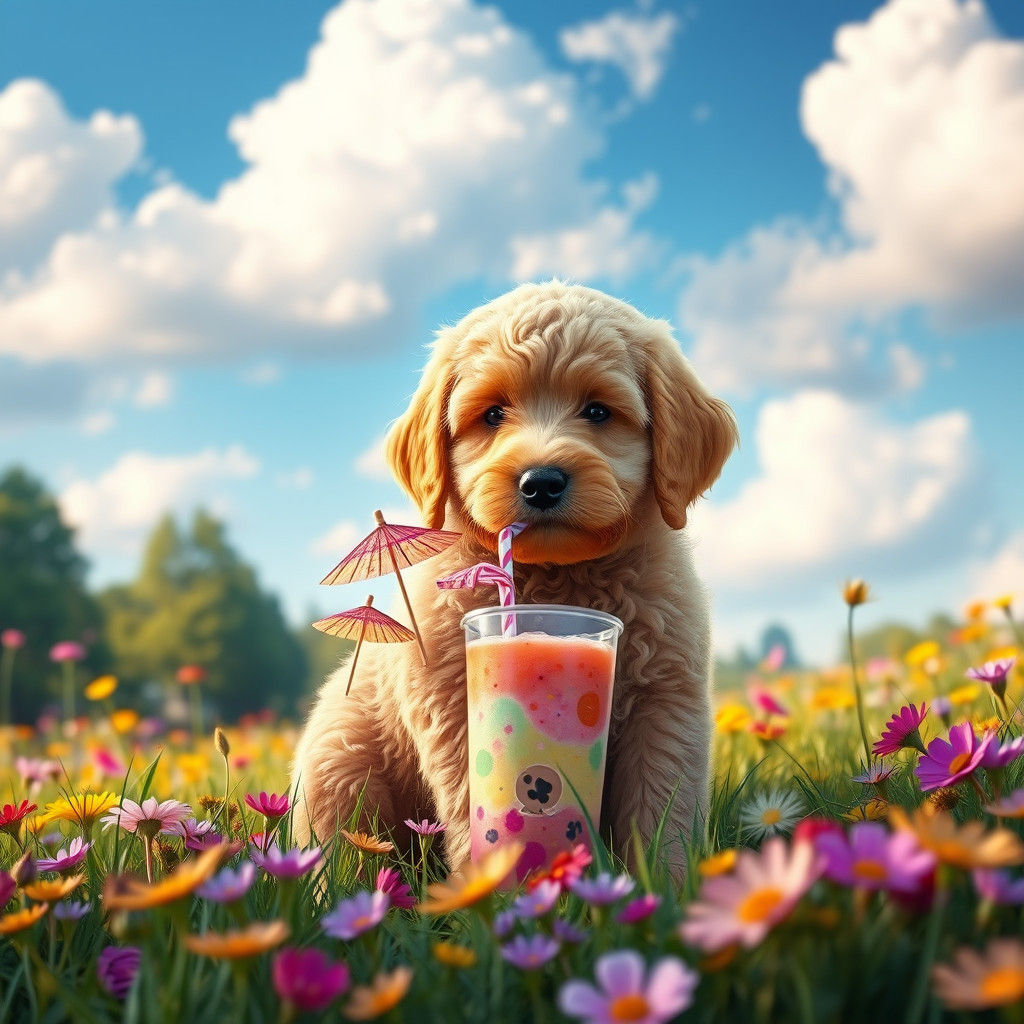 Golden Doodle Puppy's Boba Feast in Fantasy Meadow