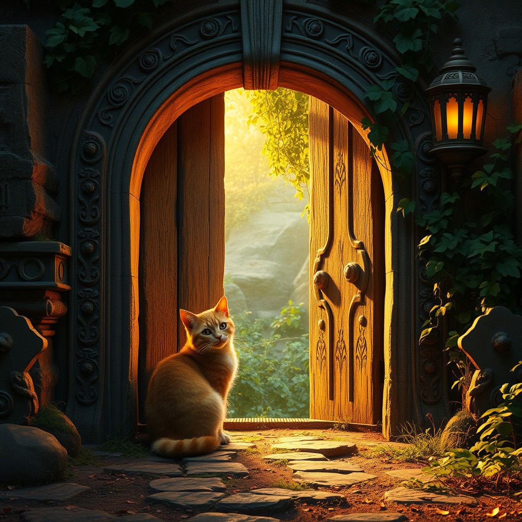 Orange Tabby Cat at Mystical Doorway in Fantasy Art
