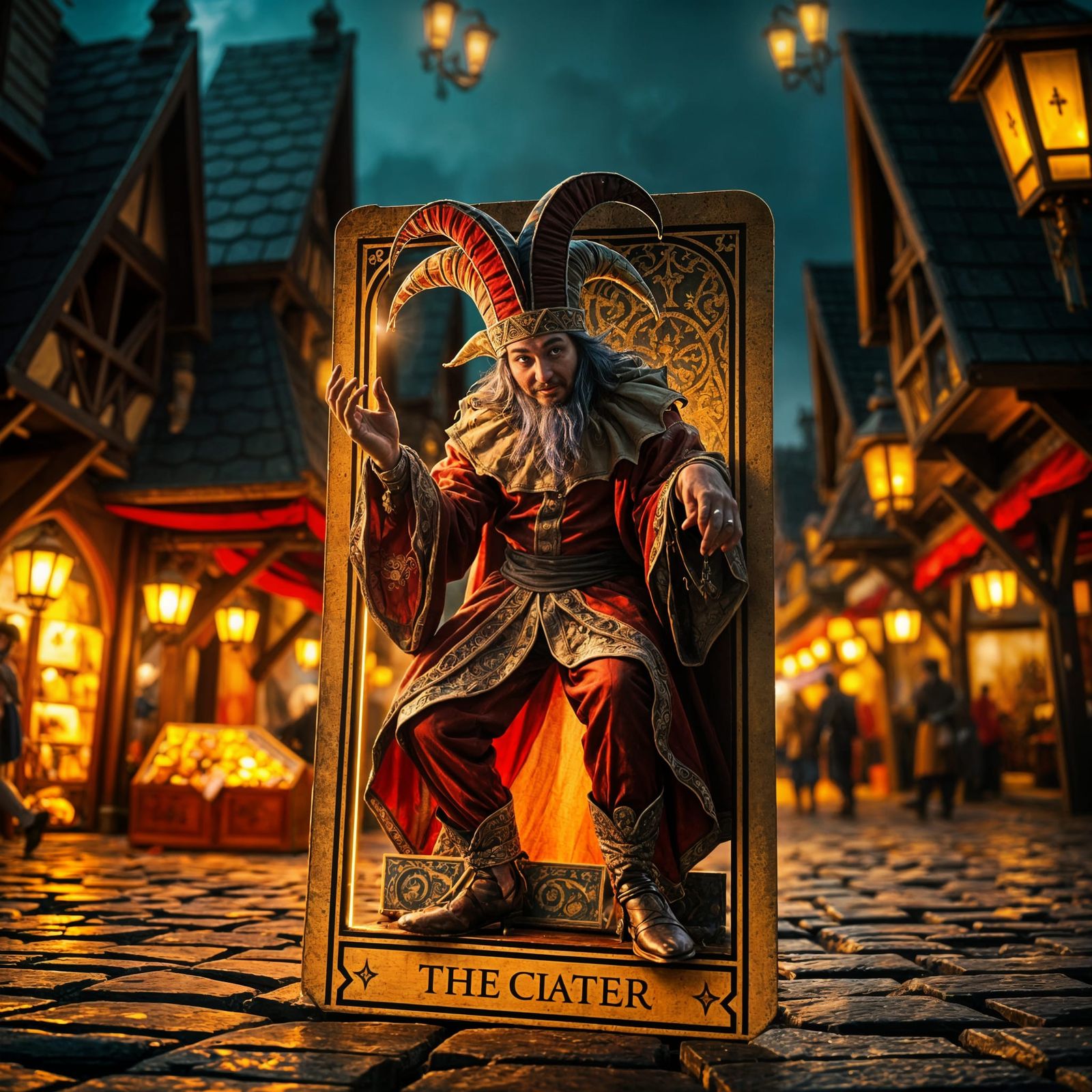 Medieval Jester Emerges from Tarot Card in a Vibrant, Hyperr...