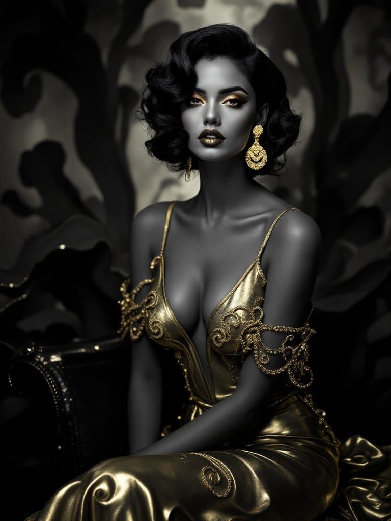 Elegant Woman in Golden Gown, Surrounded by Dark Abstract Sh...