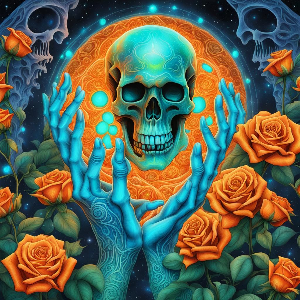 Hands Hold Skull with Roses in Visionary Art