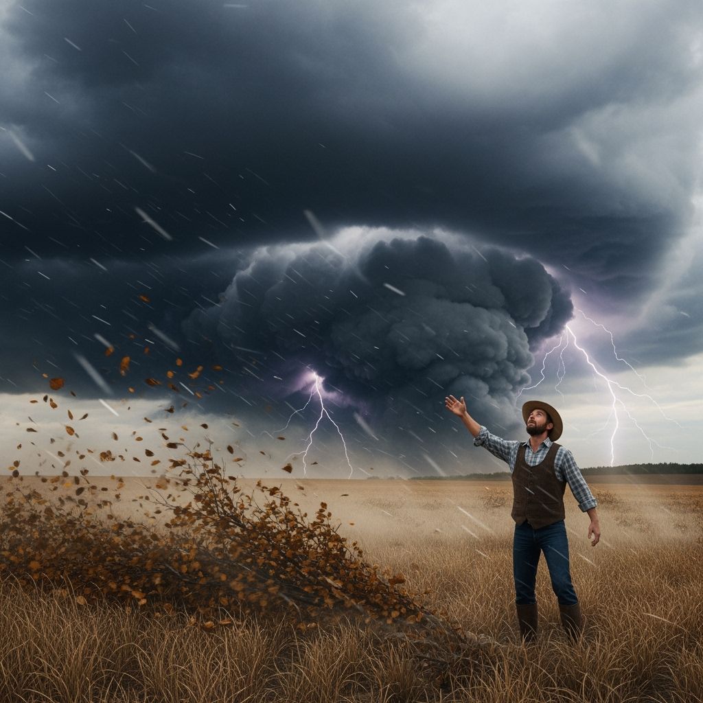 Farmer Watches Storm Approach in 3D Rendered Scene