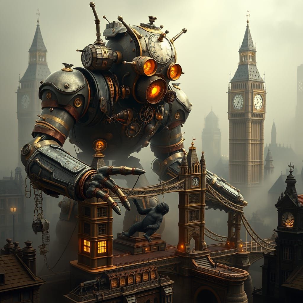 Steampunk Robot in Victorian London with Clockwork Model