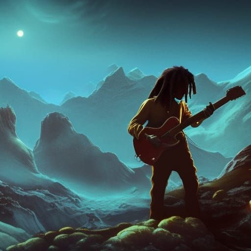 Bob Marley Smoking on the Moon in Detailed Painting