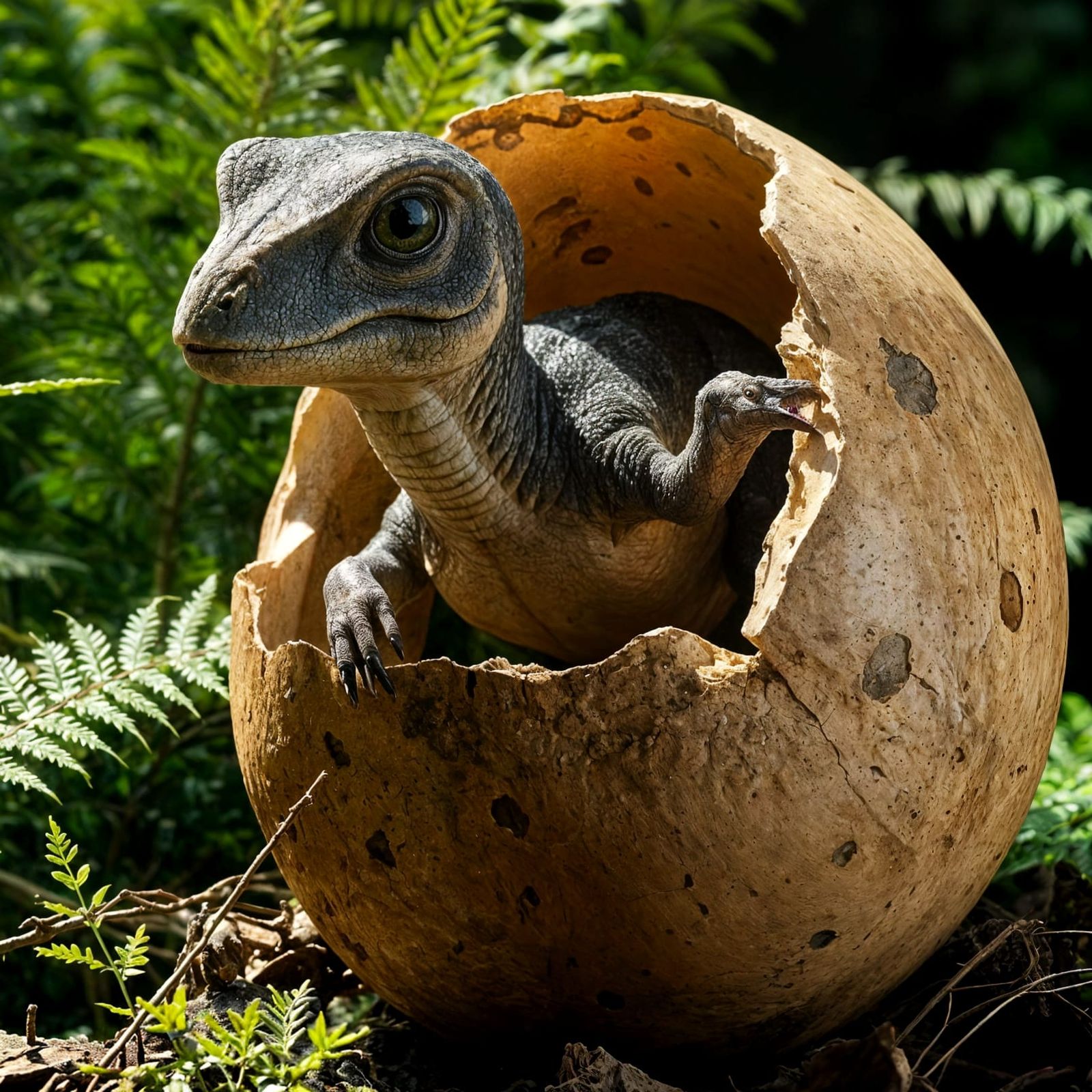 Baby Dinosaur Emerges in Prehistoric Forest