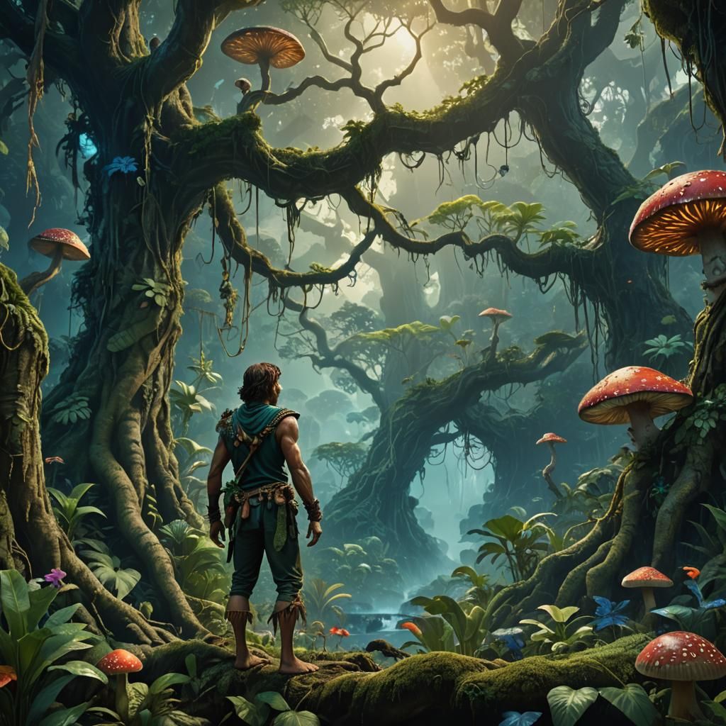 Enchanting Jungle Boy in Emerald Rainforest: Matte Painting
